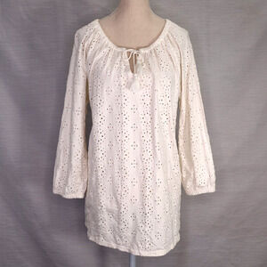 J Jill Top Petites SP Ivory Eyelet Cotton Knit Peasant Tassels Blouse Coastal